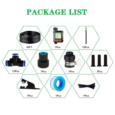 All-In-One Automatic Drip Irrigation Kit With 66Ft Tubing, 15 360-Degree Droppers, nozzles, quick connector, timer in package list.