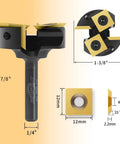 Slab Flattening Router Bit With Two Plus Two Carbide Inserts, One Quarter Inch Shank, One And Three Eighths Inch Cutting Diameter, Long Life TiN Coating For Smoother Spoilboard Surfacing, dimensions and close-up view in image.