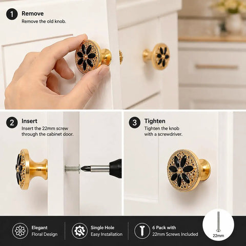 Installing Modern Floral Cabinet Knobs With Matte Black Finish, 22mm screws shown for easy installation guide.