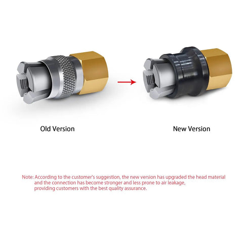 Comparison of old and new Upgraded Open Flow Locking Air Chuck, Heavy Duty Brass One Quarter Inch FNPT Quick Connect For Tire Inflation.
