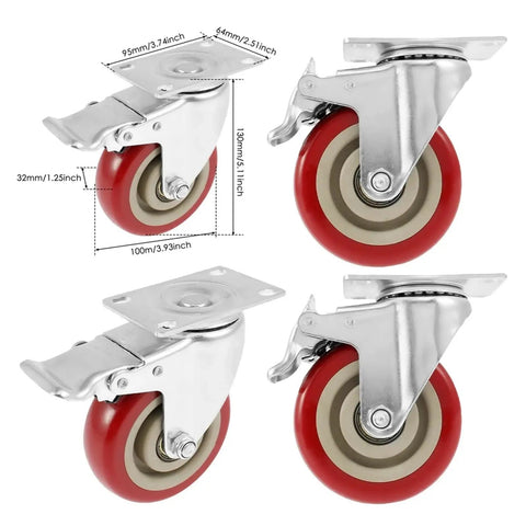 4 Pack Badass Heavy Duty Swivel Caster Wheels With Silent Glide Technology And Tough As Nails Construction showing 100mm wheels and metal mount.
