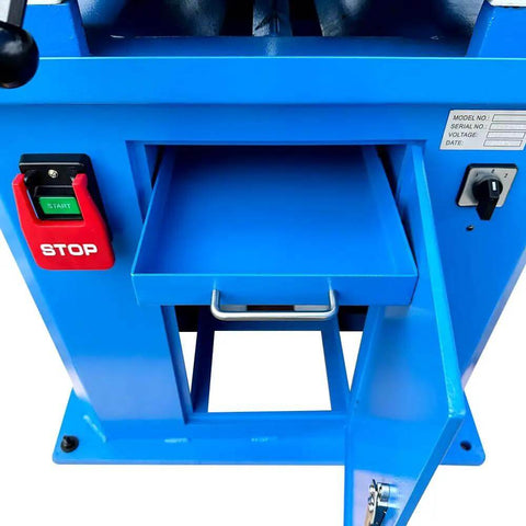 Knockout Shop Beast 4 HP 16 Inch Cold Cut Saw Shreds Steel And Aluminum Like Butter With Dual Speed Settings 220V 3 Phase Rig showing control panel and drawer.
