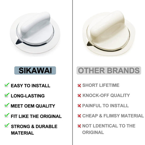 Comparison of SIKAWAI and other brand dryer timer knobs, highlighting ease of installation and durability with black indicator.