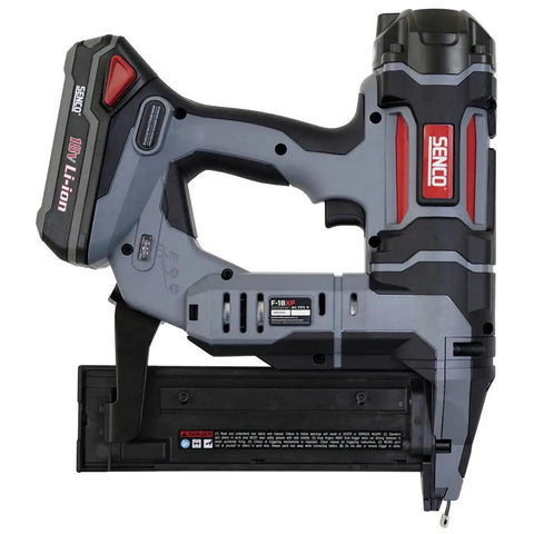 18 Gauge Cordless Brad Nailer With Fusion Air Power Tech Working Smooth As Butter Zero Cord Drag and Ramp Up Nonsense Tool Free Depth Adjustments Dual Drive Switches and Built In LED Sight for Pro Grade Trim Joinery, side view showcasing design.