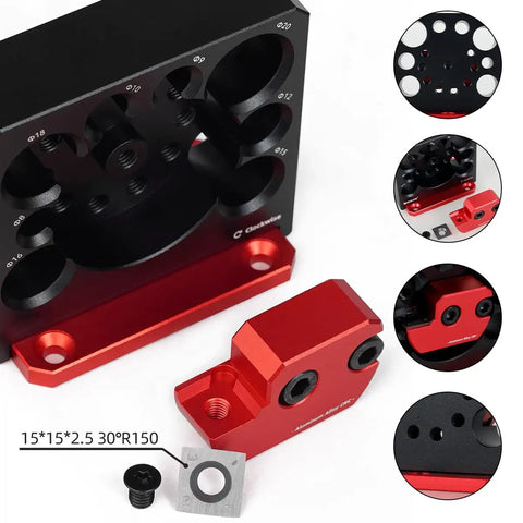 Top Shelf Adjustable Dowel Maker Jig Kit Featuring Slick Anodized Aluminum Build And Razor Sharp Carbide Blades That Pair Nicely With Any Standard Power Drill For Quick Wood Turning Projects That Deliver Knockout Results Every Single Time. Close-up of adjustable aluminum jig with multiple hole sizes.