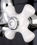Close-up of handle on Old School Vintage Wall Mount Kitchen Faucet With Adjustable Center Spacing, polished chrome finish.