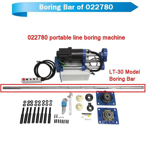 Front view of LT-30 line boring bar kit; steel bar with blue mounts and assorted accessories.