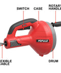 Heavy Duty 23 Ft Drain Auger Snake With Drill Adapter And Gloves showing flexible cable, switch, and rotary handle