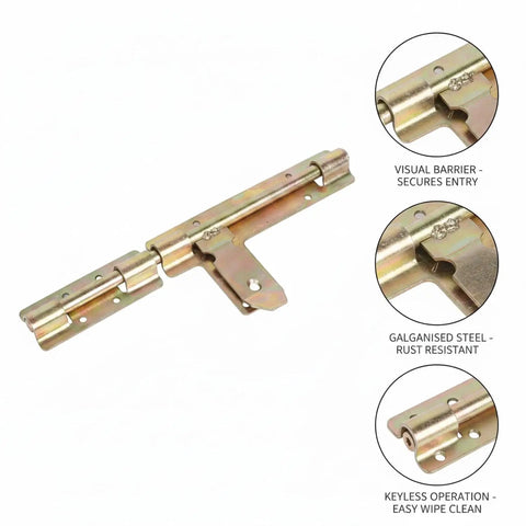 Rock Solid Slide Bolt Gate Latch Rust Proof Galvanized Steel Hardware With Tight Strike Plate For Outdoor Barn Shed Door Lockdown Guard And No Sweat Weather Shielding, side view image.