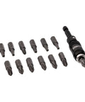 DEWALT pivot bit holder set with 14 screwdriver bits and magnetic bit holder, angled view