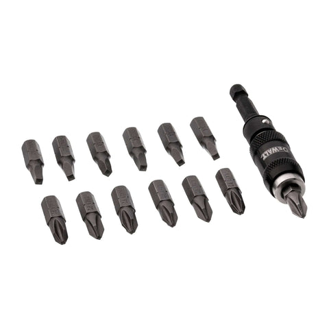 DEWALT pivot bit holder set with 14 screwdriver bits and magnetic bit holder, angled view