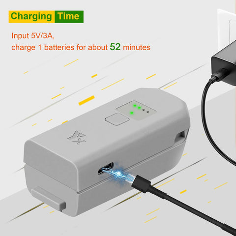 Neo Drone Battery Charger Hub Fast Charge Station with cable, connected to power source, 52-minute charge indicator