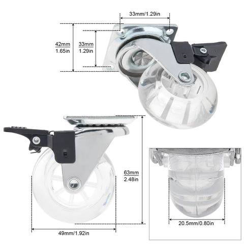 Crystal Clear 2 Inch Caster Wheels Set Of 8 With Brakes For Carts Cabinets Dressers And Benches 360 Degree Top Plate