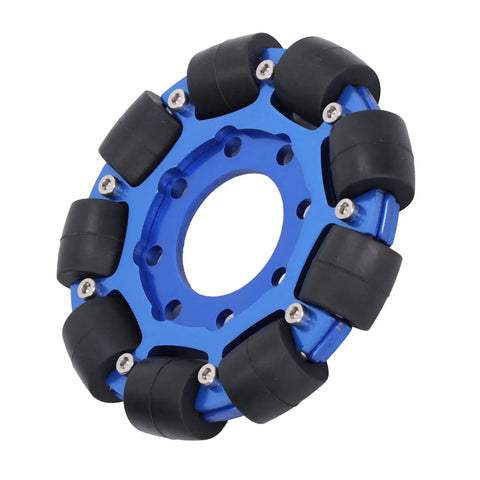 Omni wheel, 4in blue aluminum hub with eight black silicone rollers