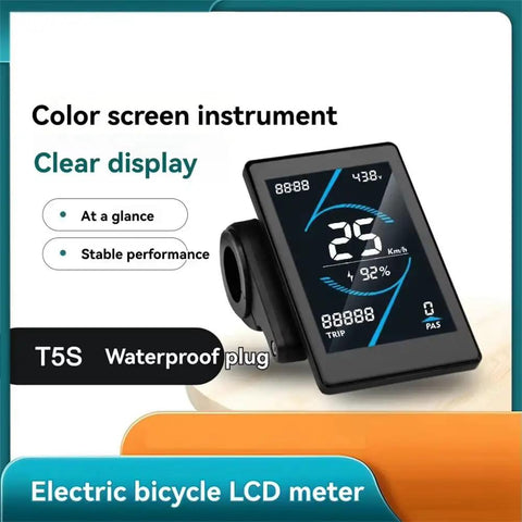 Low Fuss High Precision LCD Display Meter For 24V To 72V Electric Bikes And Scooters, colorful T5S screen and waterproof plug