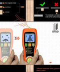 Minhe 7-in-1 Wall Detector with Smart Sensor | Handheld Stud Finder for Metal, Wood, AC Wire | LCD Display, Audio Alarm, Built-in Level in use, showing detection modes and LCD screen.