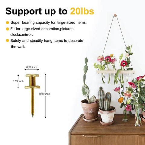 Heavy Duty Double Headed Picture Hangers And Thumb Tacks Pack Of Fifty Pieces For Hassle Free Wall Mounting With A Rock Solid Grip, showing a 20 lb capacity picture hook.