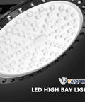 Close-up of 300W UFO LED High Bay Light For Warehouse And Workshop Lighting, 30,000 Lumens, showing LEDs and cooling holes.