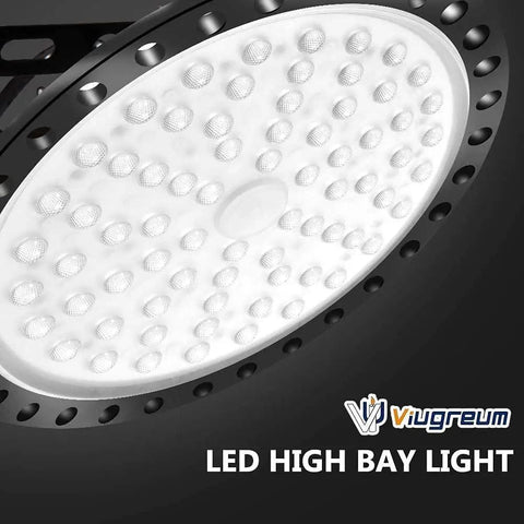 Close-up of 300W UFO LED High Bay Light For Warehouse And Workshop Lighting, 30,000 Lumens, showing LEDs and cooling holes.