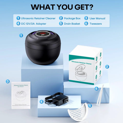 Ultrasonic Retainer Cleaner 45kHz 200ml For Dentures Braces Night Guards Jewelry with accessories including adapter and tweezers.