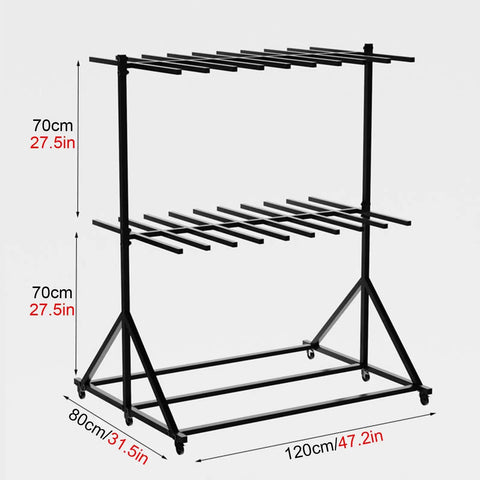 Rock Solid Commercial Life Vest Display Rack On Smooth Brake Wheels For Poolside Deck Marine Rescue Gear Storage Organizer With Top Shelf Steel Frame dimensions 120cm x 80cm x 70cm in black.