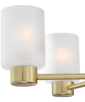 Close-up of frosted glass shades on Five Light Indoor Chandelier In Champagne Brass Finish With Frosted Glass For Dining Room Kitchen Or Foyer Sloped Ceiling Mount Totally Chic Centerpiece With 36 Inch Chain And 60 Inch Cord.