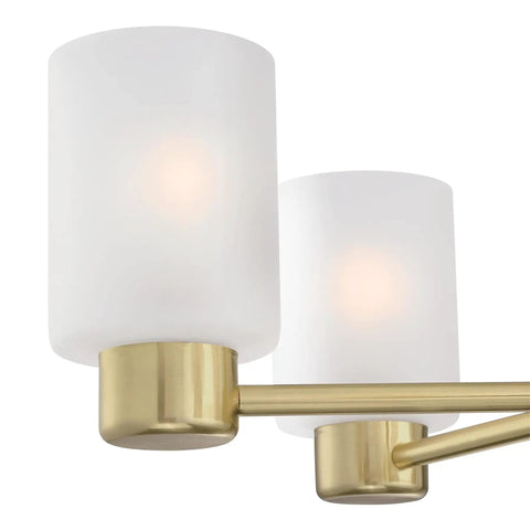 Close-up of frosted glass shades on Five Light Indoor Chandelier In Champagne Brass Finish With Frosted Glass For Dining Room Kitchen Or Foyer Sloped Ceiling Mount Totally Chic Centerpiece With 36 Inch Chain And 60 Inch Cord.