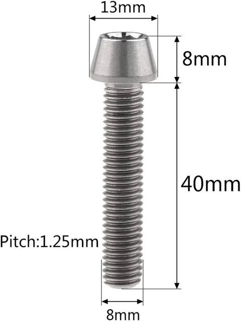 Badass Titanium Hardware Kit Six Piece M8x40mm Inner Hexagon Full Thread Bolts Dead Nuts showing detailed dimensions of a titanium bolt.