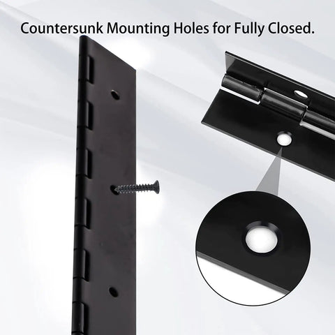 Close-up of Rock Solid 18 Inch Black Piano Hinges 4 Pack 304 Stainless Steel showing countersunk mounting holes.