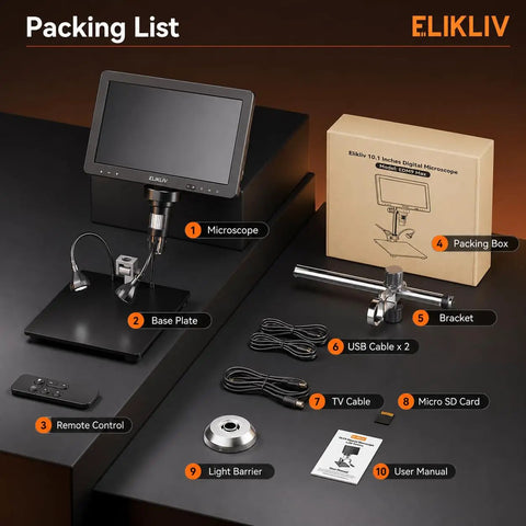 Digital Coin Microscope With Built In Light, 10 Inch IPS Display For Close Up Mint Marks, Dates, Die Cracks, Doubling And Edge Details, Perfect For Home Coin Collecting, Club Sessions, Penny Roll Hunters, And Coin Nerds. Packing list with microscope, base plate, remote, cables, bracket, SD card