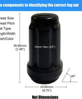 Heavy Duty Black 1/2-20 Lug Nuts Set for Ford Mustang F-150 Explorer with dimensions and nut characteristics displayed