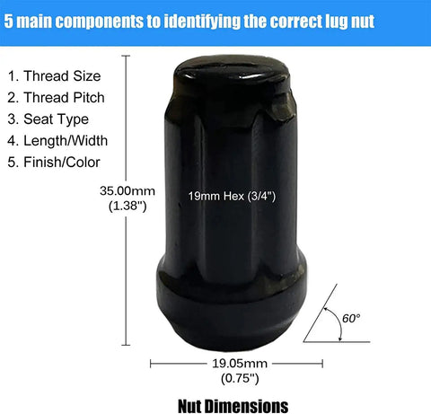 Heavy Duty Black 1/2-20 Lug Nuts Set for Ford Mustang F-150 Explorer with dimensions and nut characteristics displayed
