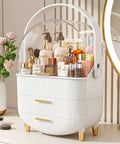 Premium Acrylic Makeup Organizer With Drawers For Vanity Skincare Storage featuring gold handles and clear top, ideal for cosmetics.