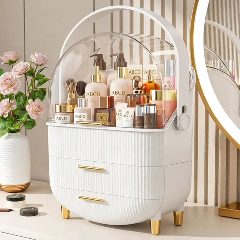Premium Acrylic Makeup Organizer With Drawers For Vanity Skincare Storage featuring gold handles and clear top, ideal for cosmetics.