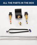 Roman Tub Faucet Matte Black Waterfall Filler parts, including widespread deck mount components and hoses, 2-handle bath faucet.