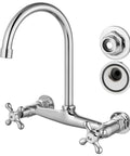 Wall Mount Commercial Kitchen Faucet With 360 Degree Swivel Spout 8 Inch Center Heavy Duty Solid Brass Body Chrome Finish Anti Rust Coating One Point Eight GPM Flow Female Thread Connection, showing faucet and connections