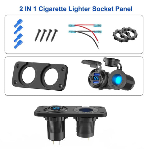 Heavy Duty Two In One Aluminum Panel With Four Usb Ports Paired With A Lighted 150 Watt Cig Socket And Built In Voltmeter Dual PD30 And Dual QC30 Fast Charge Board showing sockets and installation parts.