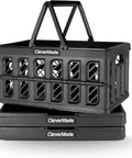 Collapsible Shopping Baskets With Handles, 24L Three Pack, Fold Flat Plastic Storage Bins For Car And Home, Stackable Grocery Totes For Quick Grab And Go Shopping, Laundry Or Pantry Organization, Obsidian visible with one basket open and two folded.