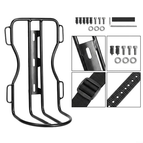 Check Out This Awesome 10 Liter Front Fork Bag That Slaps On Any Bike Scooter Or Ebike For Total Stability Plus The Heavy Duty Alu Rack Holds Your Gear Tight Without Flopping Around. Black aluminum alloy front fork rack with screws and strap for bike bag mount