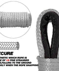 Heavy Duty Synthetic Winch Rope One Fifth Inch By Fifty Foot With Thimble High Tensile Nylon Recovery Strap For Off Road Trucks Atv Utv detailed view of braided gray rope with black thimble.