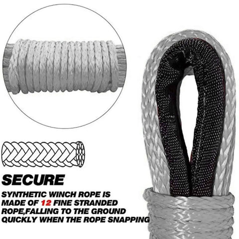 Heavy Duty Synthetic Winch Rope One Fifth Inch By Fifty Foot With Thimble High Tensile Nylon Recovery Strap For Off Road Trucks Atv Utv detailed view of braided gray rope with black thimble.