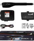 Game Changing Solar Automatic Gate Opener Designed For Heavy Duty Outdoor Chain Link And Wood Gates Up To Sixteen Feet With Slick Remote Controller Full System Kit components including motor, control box, and remote.
