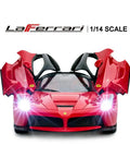 Ferrari LaFerrari Licensed One Fourteenth Scale RC Car With Realistic Interior And Exterior Details Dope Butterfly Doors Working Headlights And Taillights Spring Suspension Remote Control Toy For Boys And Kids Red with open butterfly doors and headlights on