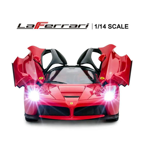 Ferrari LaFerrari Licensed One Fourteenth Scale RC Car With Realistic Interior And Exterior Details Dope Butterfly Doors Working Headlights And Taillights Spring Suspension Remote Control Toy For Boys And Kids Red with open butterfly doors and headlights on