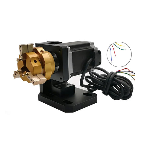 D5 Mini Rotary Axis For Laser Engraver with 57 stepper motor and gold chuck for precise jewelry marking.