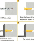 Heavy Duty Concrete Anchor Bolts Kit M6 M8 176 Pcs Self Tapping Screws With Plastic Expansion Plugs Yellow Zinc Plated Carbon Steel No Prep Install Suits Wall Mounts On Concrete And Masonry Surfaces, installation steps shown