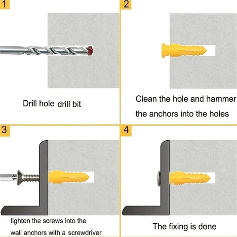 Heavy Duty Concrete Anchor Bolts Kit M6 M8 176 Pcs Self Tapping Screws With Plastic Expansion Plugs Yellow Zinc Plated Carbon Steel No Prep Install Suits Wall Mounts On Concrete And Masonry Surfaces, installation steps shown