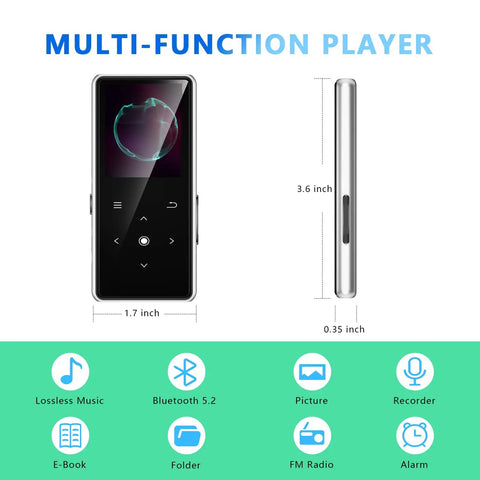 Front and side view of 64GB MP3 Player With Bluetooth 5.2 And Built In HD Speaker, FM Radio, Voice Recorder, HiFi Sound in silver.