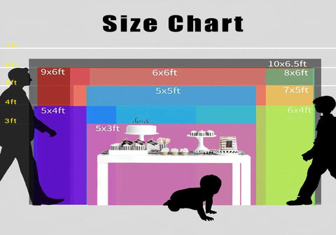Size chart featuring various backdrop dimensions, 20X10FT Polyester Fabric Abandoned Industrial Warehouse Crane Graffiti Backdrop.