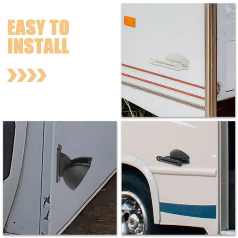 Sleek And Secure Rv Door Retainers For Ultimate Hold And Style Versatile Nylon Catch Easy Install displayed on various RV doors.